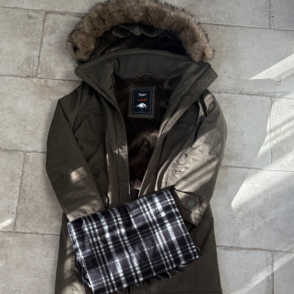 TNA Olive Green Faux Fur-Lined Parka Jacket with Hood